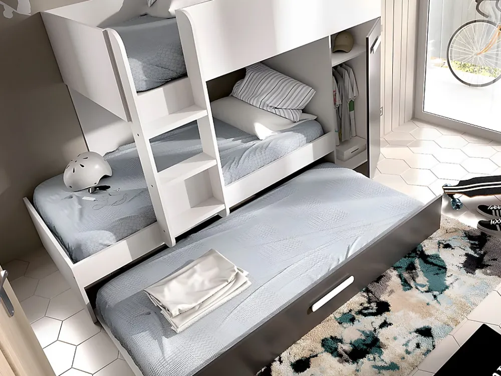 Vente-unique Lits superposés avec tiroir lit gigogne et rangements 3 x 90 x 190 cm - Anthracite et Blanc + matelas - ANTHONY* Lit Avec Rangement
