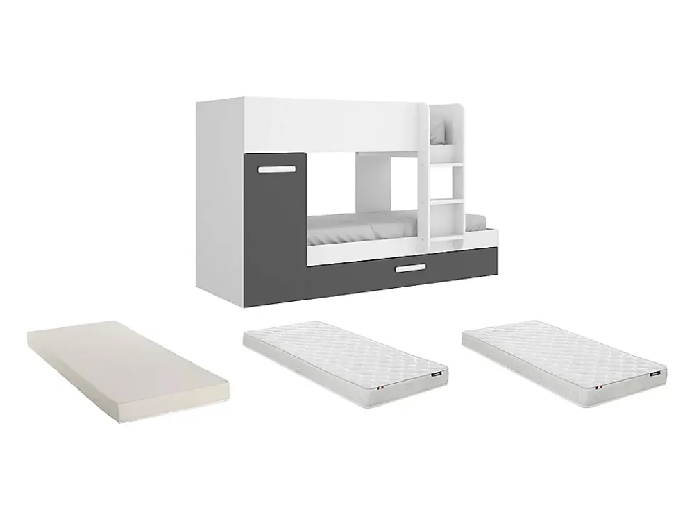 Vente-unique Lits superposés avec tiroir lit gigogne et rangements 3 x 90 x 190 cm - Anthracite et Blanc + matelas - ANTHONY* Lit Avec Rangement