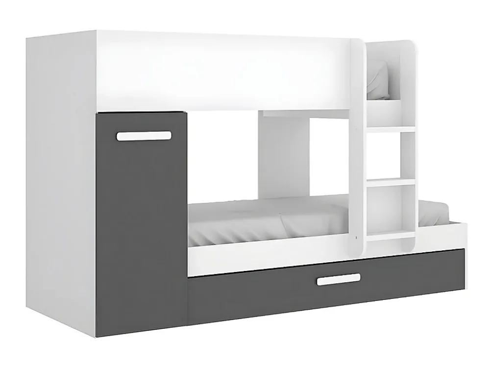 Vente-unique Lits superposés avec tiroir lit gigogne et rangements 3 x 90 x 190 cm - Anthracite et Blanc + matelas - ANTHONY* Lit Avec Rangement
