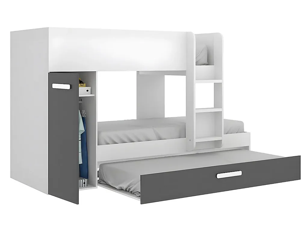 Vente-unique Lits superposés avec tiroir lit gigogne et rangements 3 x 90 x 190 cm - Anthracite et Blanc + matelas - ANTHONY* Lit Avec Rangement