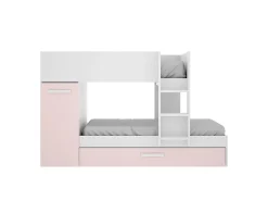Vente-unique Lits superposés avec tiroir lit gigogne et rangements 3 x 90 x 190 cm - Blanc et rose + matelas - ANTHONY* Lit Avec Rangement