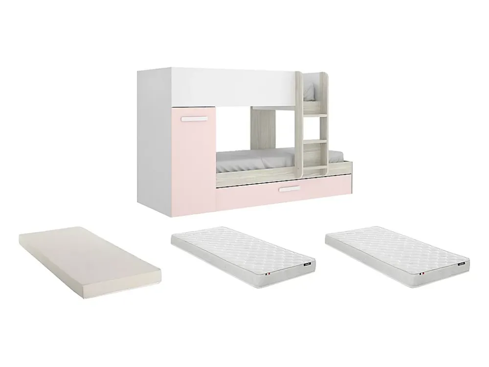 Vente-unique Lits superposés avec tiroir lit gigogne et rangements 3 x 90 x 190 cm - Blanc et rose + matelas - ANTHONY* Lit Avec Rangement