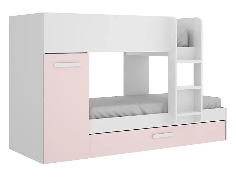 Vente-unique Lits superposés avec tiroir lit gigogne et rangements 3 x 90 x 190 cm - Blanc et rose + matelas - ANTHONY* Lit Avec Rangement