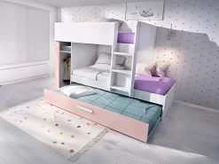 Vente-unique Lits superposés avec tiroir lit gigogne et rangements 3 x 90 x 190 cm - Blanc et rose - ANTHONY*Enfant Lit Enfant
