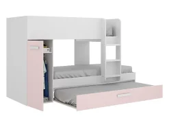 Vente-unique Lits superposés avec tiroir lit gigogne et rangements 3 x 90 x 190 cm - Blanc et rose - ANTHONY*Enfant Lit Enfant