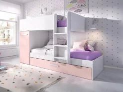 Vente-unique Lits superposés avec tiroir lit gigogne et rangements 3 x 90 x 190 cm - Blanc et rose - ANTHONY*Enfant Lit Enfant