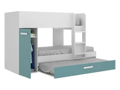 Vente-unique Lits superposés avec tiroir lit gigogne et rangements 3 x 90 x 190 cm - Blanc et bleu - ANTHONY*Enfant Lit Enfant