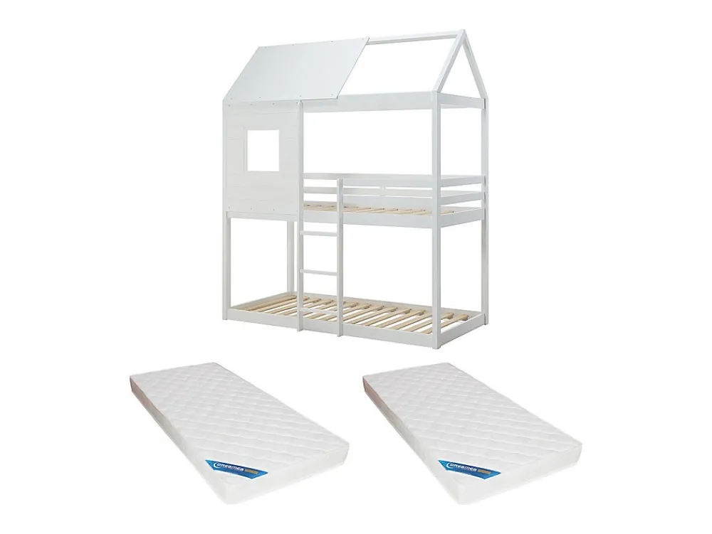 Lits superposés cabane 2 x 90 x 190 cm - Pin et MDF - Blanc + Matelas - LIDOVARA>Vente-unique Online