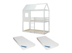 Lits superposés cabane 2 x 90 x 190 cm - Pin et MDF - Blanc + Matelas - LIDOVARA><noscript><img width=