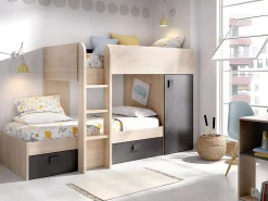 Lits superposés d'angle réversibles RICARDO - 2 x 90 x 190 cm - Rangements intégrés - Chêne et anthracite>Vente-unique Clearance