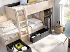 Lits superposés d'angle réversibles RICARDO - 2 x 90 x 190 cm - Rangements intégrés - Chêne et anthracite><noscript><img width=