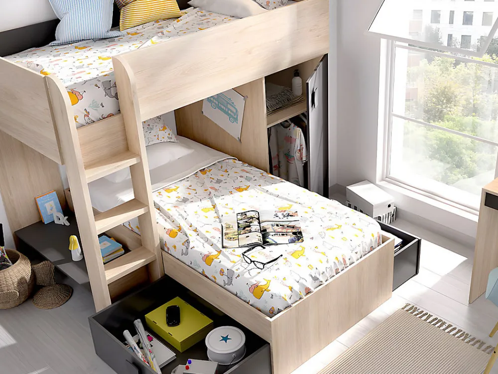 Lits superposés d'angle réversibles RICARDO - 2 x 90 x 190 cm - Rangements intégrés - Chêne et anthracite>Vente-unique Clearance