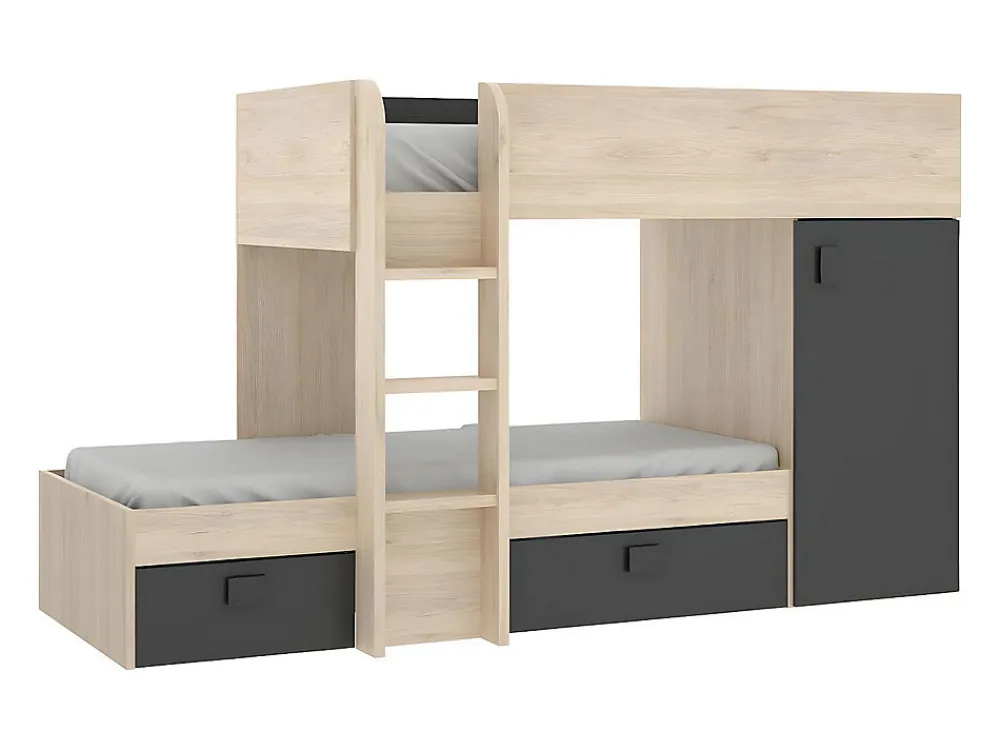 Lits superposés d'angle réversibles RICARDO - 2 x 90 x 190 cm - Rangements intégrés - Chêne et anthracite>Vente-unique Clearance