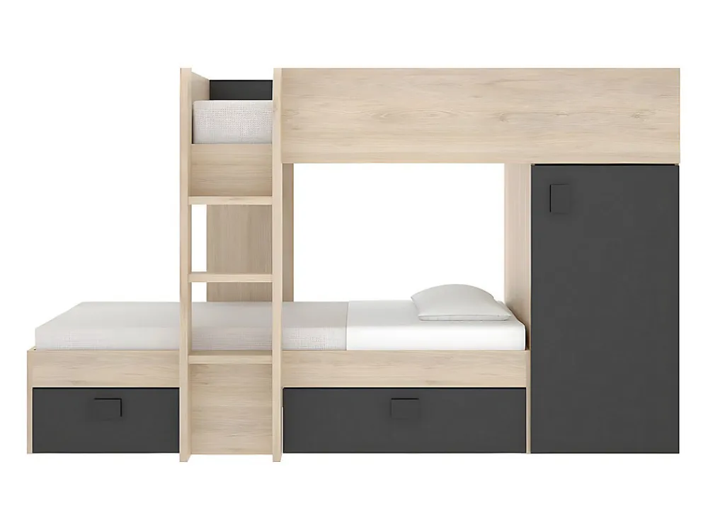 Lits superposés d'angle réversibles RICARDO - 2 x 90 x 190 cm - Rangements intégrés - Chêne et anthracite>Vente-unique Clearance