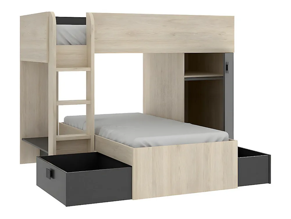 Lits superposés d'angle réversibles RICARDO - 2 x 90 x 190 cm - Rangements intégrés - Chêne et anthracite>Vente-unique Clearance