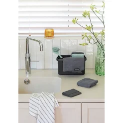 Brabantia Lot d'accessoires de cuisine avec brosse à vaisselle, raclette, 3 éponges en microfibres et 2 chiffons de nettoyage, gris foncé, SinkSide* Eponge