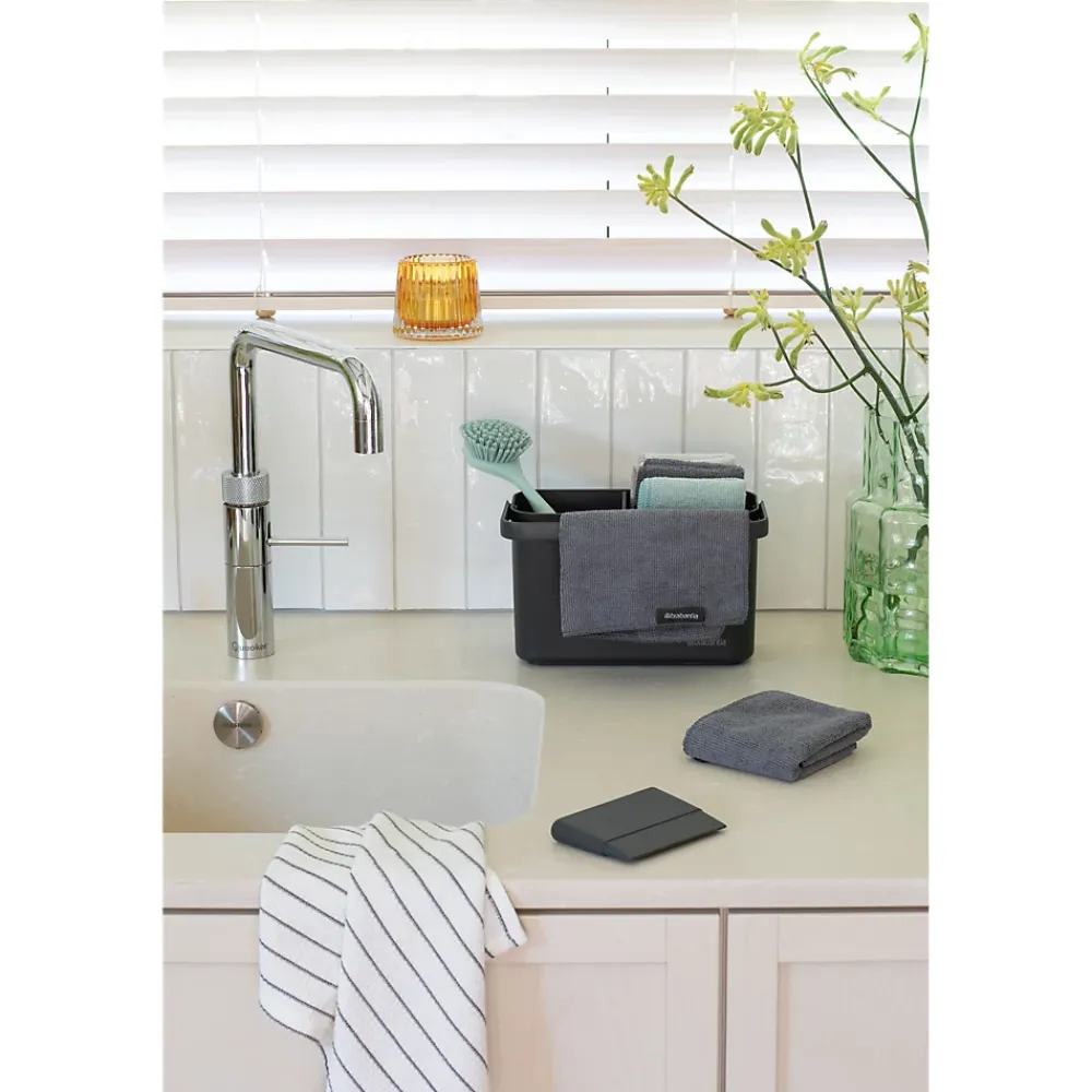 Brabantia Lot d'accessoires de cuisine avec brosse à vaisselle, raclette, 3 éponges en microfibres et 2 chiffons de nettoyage, gris foncé, SinkSide* Eponge