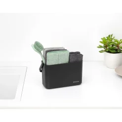 Brabantia Lot d'accessoires de cuisine avec brosse à vaisselle, raclette, 3 éponges en microfibres et 2 chiffons de nettoyage, gris foncé, SinkSide* Eponge