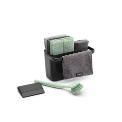Brabantia Lot d'accessoires de cuisine avec brosse à vaisselle, raclette, 3 éponges en microfibres et 2 chiffons de nettoyage, gris foncé, SinkSide* Eponge