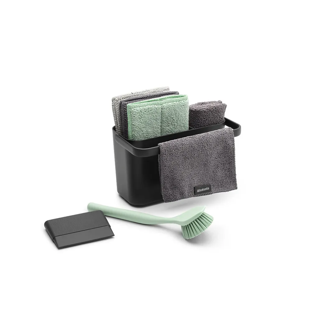 Brabantia Lot d'accessoires de cuisine avec brosse à vaisselle, raclette, 3 éponges en microfibres et 2 chiffons de nettoyage, gris foncé, SinkSide* Eponge