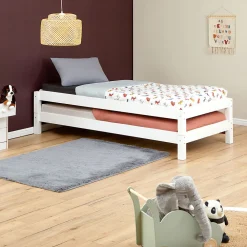 Lot de 2 lits superposables 90x190 cm RINO en pin massif lasuré blanc><noscript><img width=