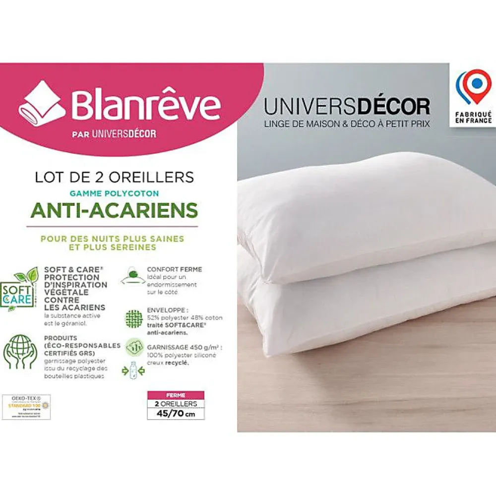 Blanreve Lot de 2 oreillers 45 x 70 cm Blanrêve Gamme "Confort" traité Anti Acarien Soft & care* Oreiller Moelleux