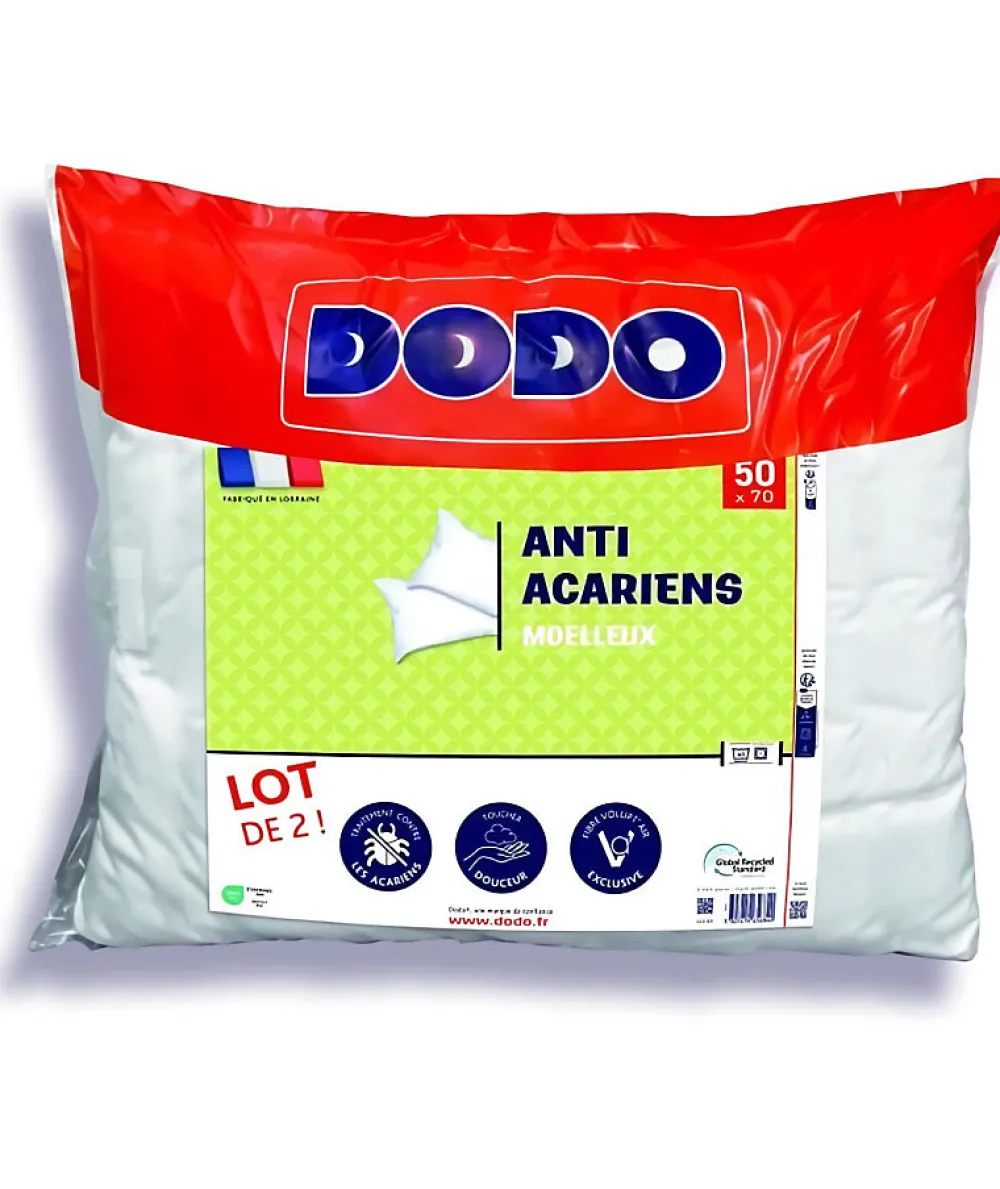 Dodo Lot de 2 oreillers anti-acariens 50x70 cm - 100% Polyester -* Oreiller Moelleux