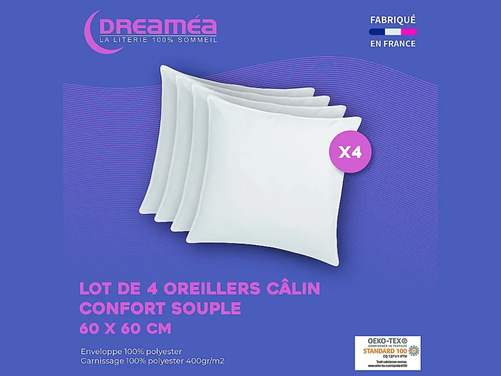 Vente-unique Lot de 4 oreillers câlin 60 x 60 cm - 400 gr - Blanc - TORIVIA* Oreiller Moelleux