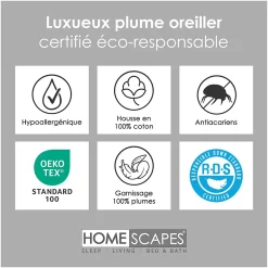 Homescapes Lot de 4 oreillers en plumes de canard, 50 x 75 cm -* Oreiller Moelleux