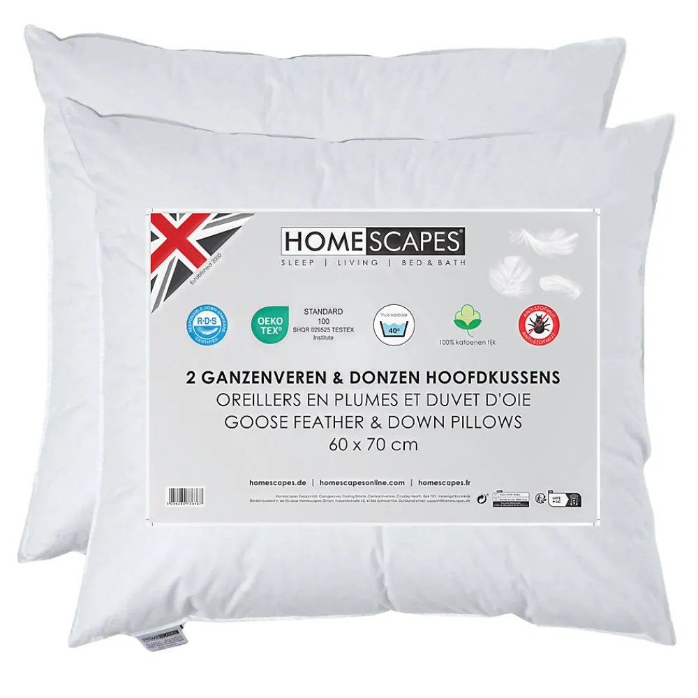 Lot de 2 oreillers en plumes et duvet d'oie, 60 x 70 cm ->Homescapes Hot