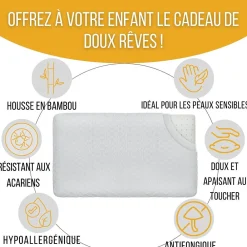 Inphysio Lot de 3 oreillers enfant respirant en tissu de bambou 50x30x5,5 -* Oreiller Mémoire De Forme