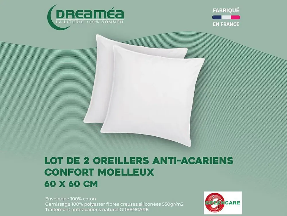 Vente-unique Lot de 2 oreillers traitement anti-acariens naturel Greencare - 60 x 60 cm - 550 gr - Blanc - coton - AZYLIA* Oreiller Moelleux