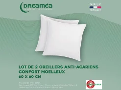 Vente-unique Lot de 2 oreillers traitement anti-acariens naturel Greencare - 60 x 60 cm - 550 gr - Blanc - coton - AZYLIA* Oreiller Moelleux