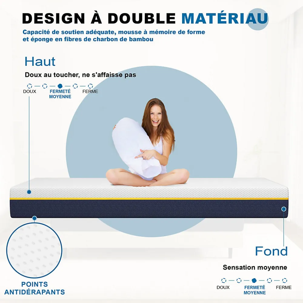 Matelas adulte double couche en mousse mousse à mémoire de forme fibre de charbon de bambou, 90x190 cm, 17 cm d'épaisseur>Teeno Best