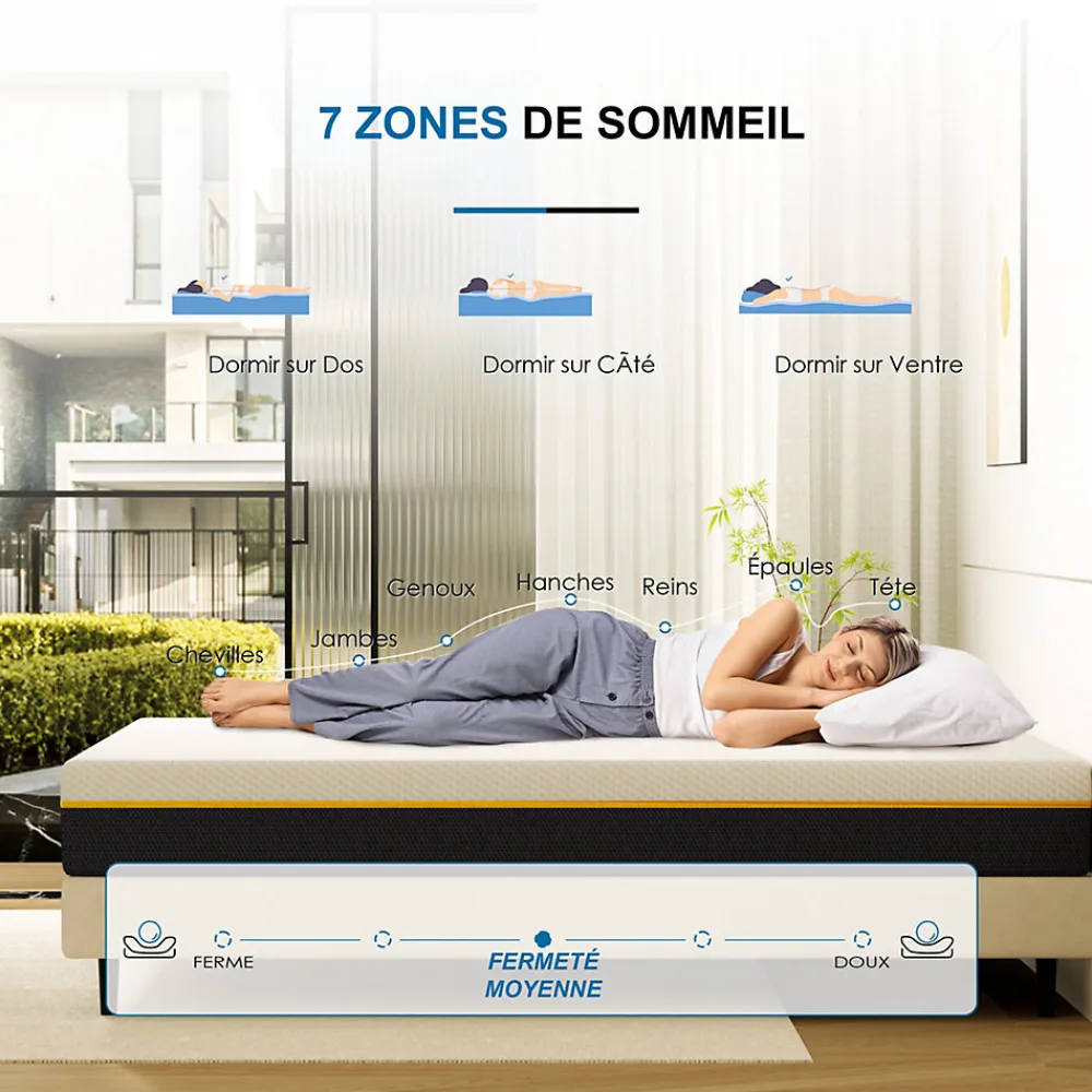 Matelas adulte double couche en mousse mousse à mémoire de forme fibre de charbon de bambou, 90x190 cm, 17 cm d'épaisseur>Teeno Best