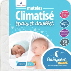 Babysom Matelas Bébé Climatisé - 1 Face Été Fraîche et 1 Face Hiver Ouatinée - Anti-acarien - Oeko-Tex - Fabrication française* Matelas