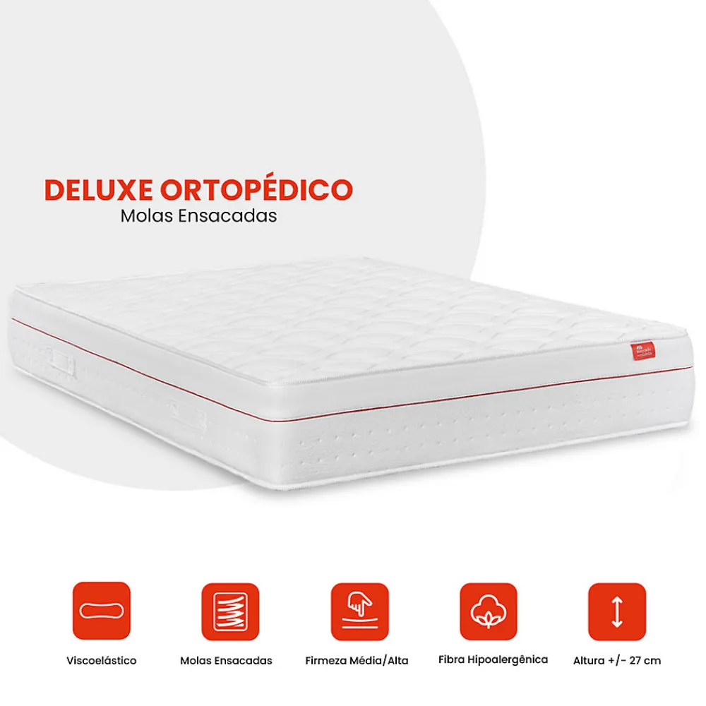 Matelas Deluxe Orthopédique 190 x 140 cm, 27 cm. Ressorts ensachés et viscoélastique, réversible, soutien medium, tissu respirant.>Mercado Do Colchão Discount