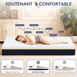 Matelas en mousse à mémoire de forme, 140 x 200 cm, épaisseur 17 cm, vintage><noscript><img width=
