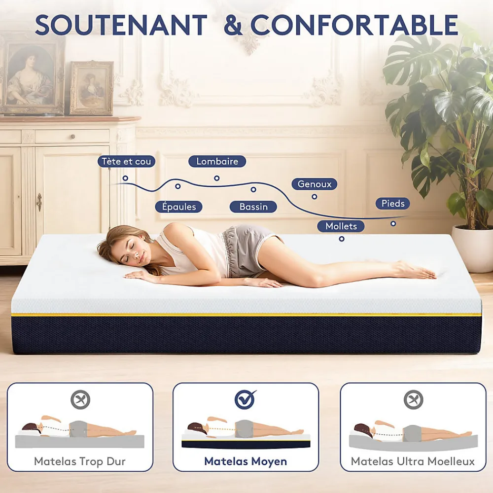 Matelas en mousse à mémoire de forme, 140 x 200 cm, épaisseur 17 cm, vintage>Teeno
