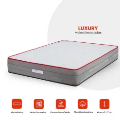 Matelas Luxury - ressorts ensachés et viscoélastique pour un soutien adaptatif, 27 cm.><noscript><img width=
