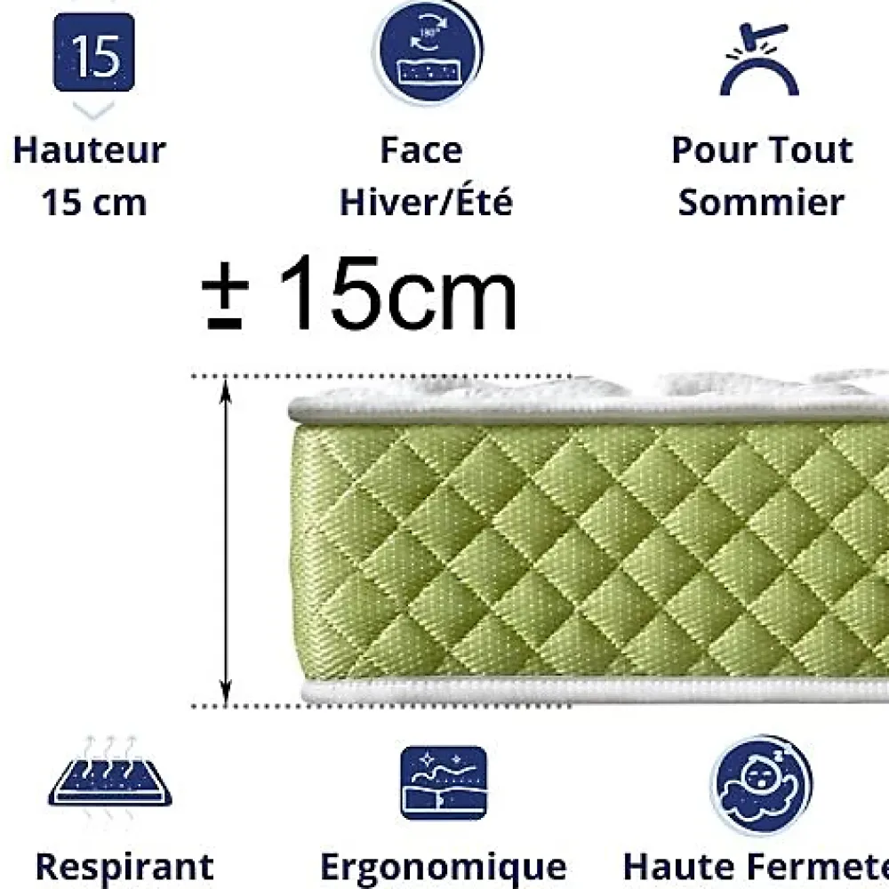 Dagostino Home Matelas Mousse 135x190 Evergreen, Ferme, Réversible, Côté Été/hiver, H15 Cm* Matelas