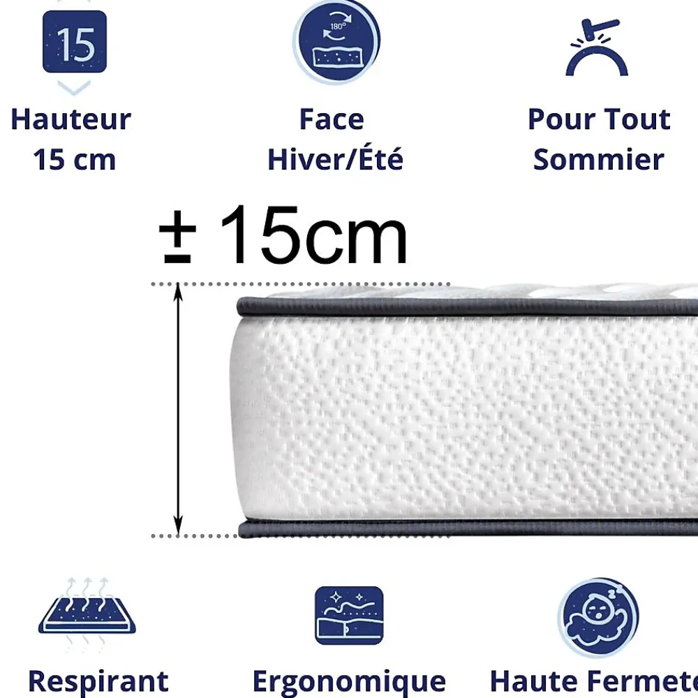 Dagostino Home Matelas Mousse 90x190 New York, Ferme, Réversible, Côté Été/hiver, H15 Cm* Matelas