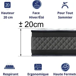 Matelas Mousse 90x190 Onyx, Ferme, Réversible, Côté Été/hiver, H20 Cm><noscript><img width=