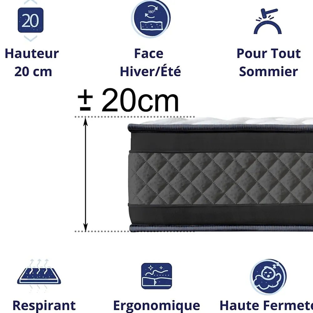 Dagostino Home Matelas Mousse 160x200 Onyx, Ferme, Réversible, Côté Été/hiver, H20 Cm* Matelas