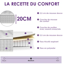 Teeno Matelas Ressorts 160x200 Épaisseur 20 cm Confort,Ergonomique 7 Zones Ergonomique* Matelas