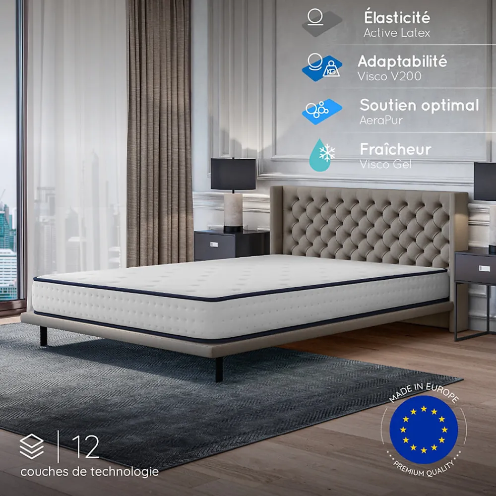Matelas 140x190 - 21 cm - Mousse mémoire de forme - Blue Latex - Confort Équilibré - 7 zones - Réversible - Durable - Upsilon>Cosmos Best