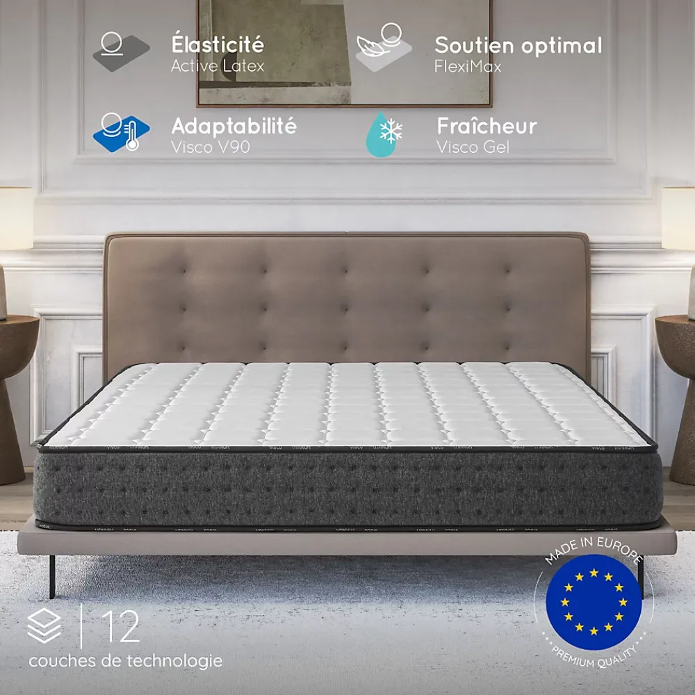 Cosmos Matelas 140x190 + 2 Oreillers 60x60 Offerts - Épais 21 cm - Mousse - Blue Latex - 7 zones de soutien - Réversible - Equinox* Matelas
