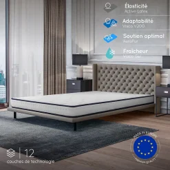 Matelas 90x190 - Mousse mémoire de forme - Blue Latex - Confort Équilibré - 7 zones - Réversible - Durable - Upsilon>Cosmos