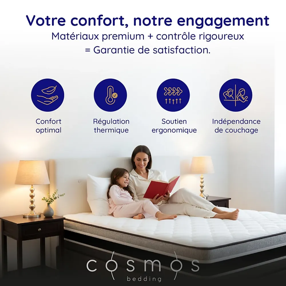 Cosmos Matelas 160x200 - Épais 30 cm - Hybride - Blue Latex - Ressorts Ensachés - 7 zones - Face été/hiver - Confort Mi-Ferme - Gamma* Matelas