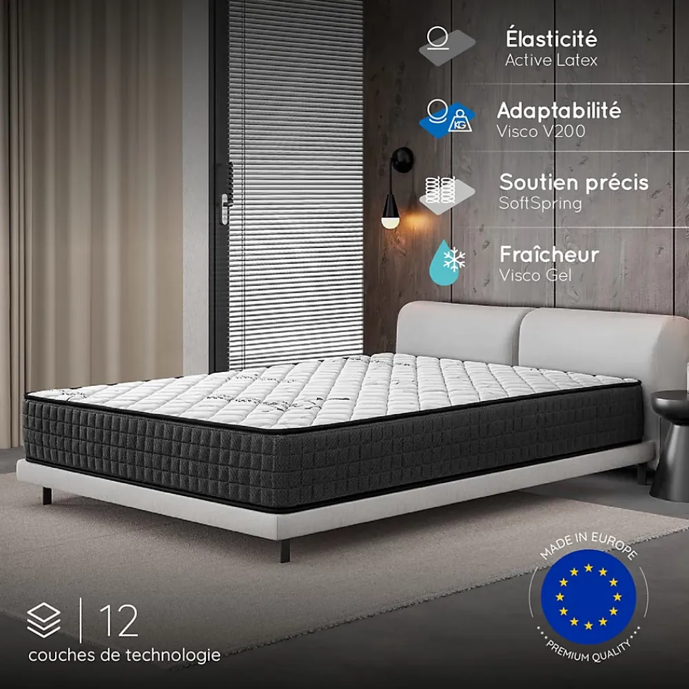 Cosmos Matelas 140x190 - Épais 30 cm - Hybride - Blue Latex - Ressorts Ensachés - 7 zones - Face été/hiver - Confort Mi-Ferme - Gamma* Matelas